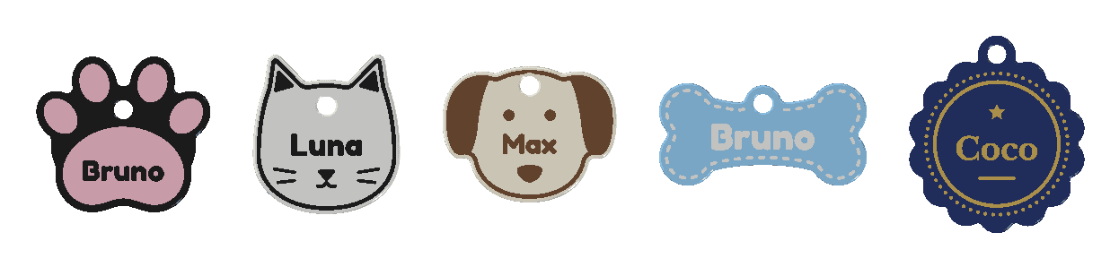 Five pet name tags: a black paw print, a white cat face, a cream puppy, a sky-blue bone, and a navy rosette