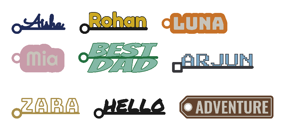Nine text keychains in a lineup: script, bold, contour, bubble, stacked, pixel, outline, and marker words, and a luggage tag, each in its own colours