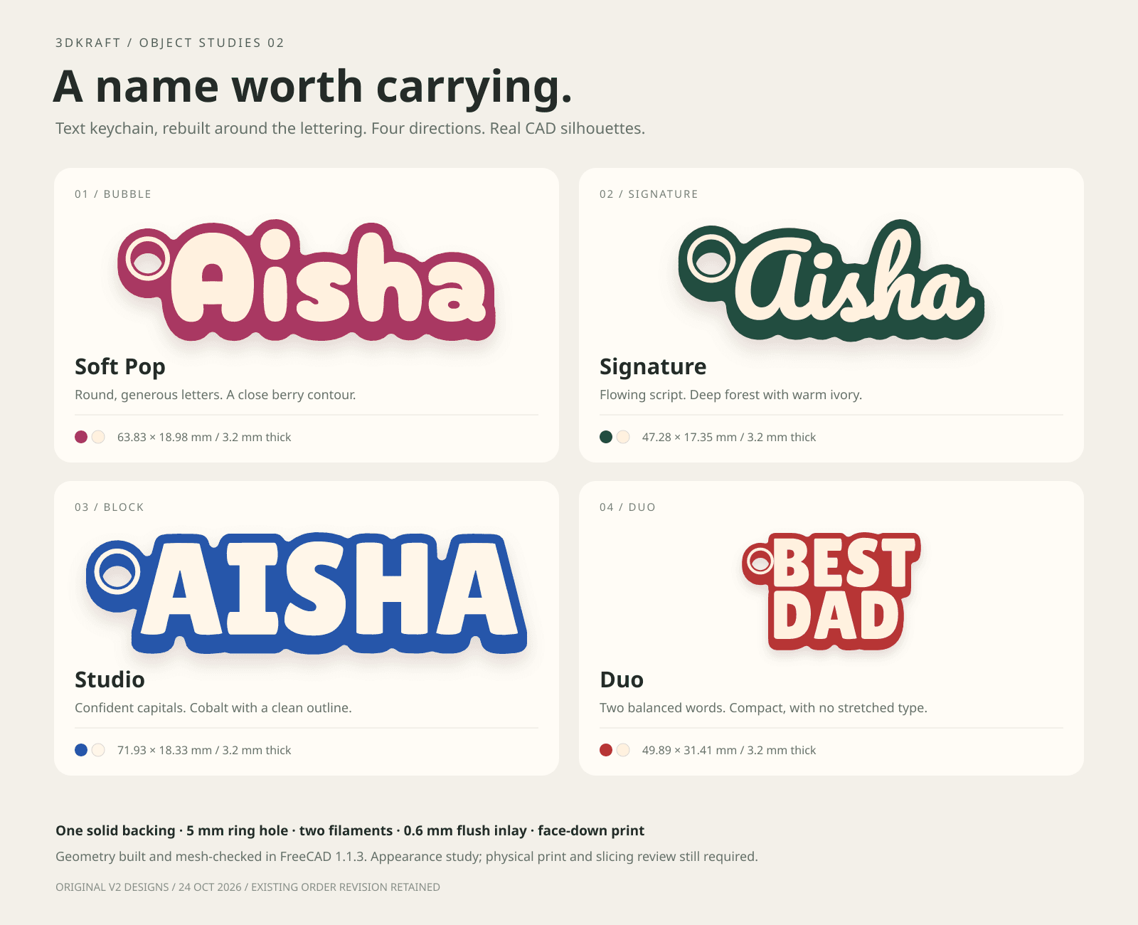 Four sculpted text keychains: Soft Pop Aisha in berry, Signature Aisha in forest, Studio AISHA in cobalt, and Duo BEST DAD in cherry, all with cream lettering